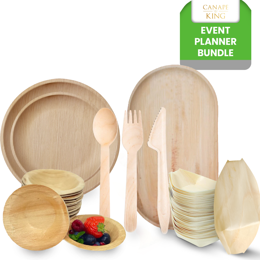 470-Piece Event Planner's Essential Bundle | Palm Leaf Plates, Bowls, Platters, Cutlery & Pinewood Boats Set | (100 persons) - Canape King