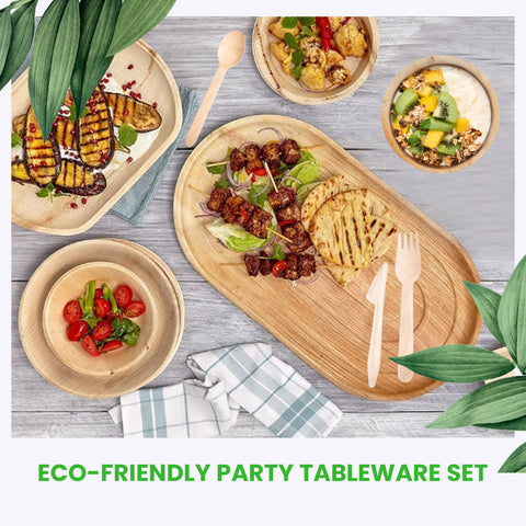 440-Piece Wedding Catering Premium Bundle | Palm Leaf Plates, Bowls, Platters, Wooden Cutlery, & Champagne Tray Set | (100 persons)