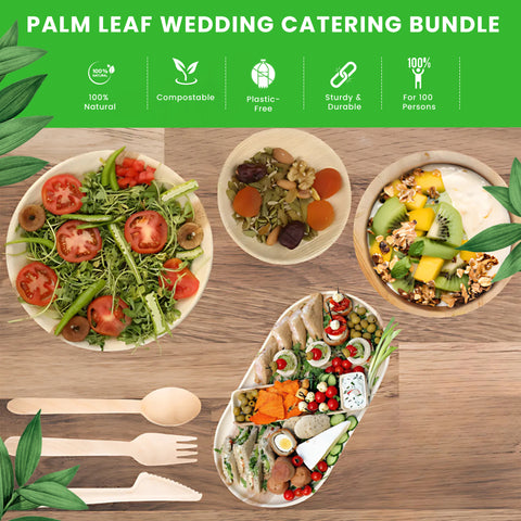 440-Piece Wedding Catering Premium Bundle | Palm Leaf Plates, Bowls, Platters, Wooden Cutlery, & Champagne Tray Set | (100 persons)