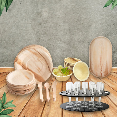 440-Piece Wedding Catering Premium Bundle | Palm Leaf Plates, Bowls, Platters, Wooden Cutlery, & Champagne Tray Set | (100 persons)