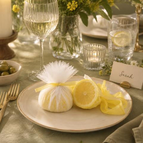 Muslin White/Yellow Lemon Covers with Ribbons | Professional Food Service Covers | 100-Piece Set