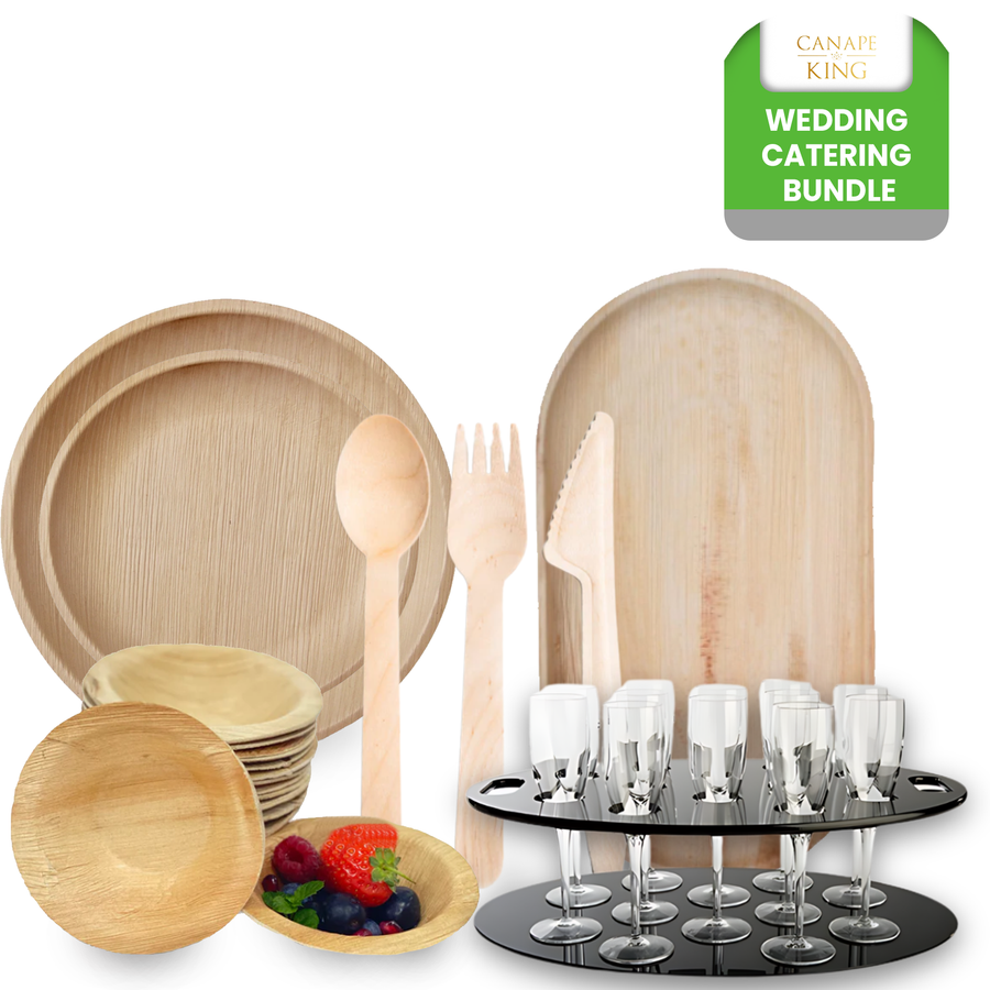 440-Piece Wedding Catering Premium Bundle | Palm Leaf Plates, Bowls, Platters, Wooden Cutlery,  & Champagne Tray Set | (100 persons) - Canape King