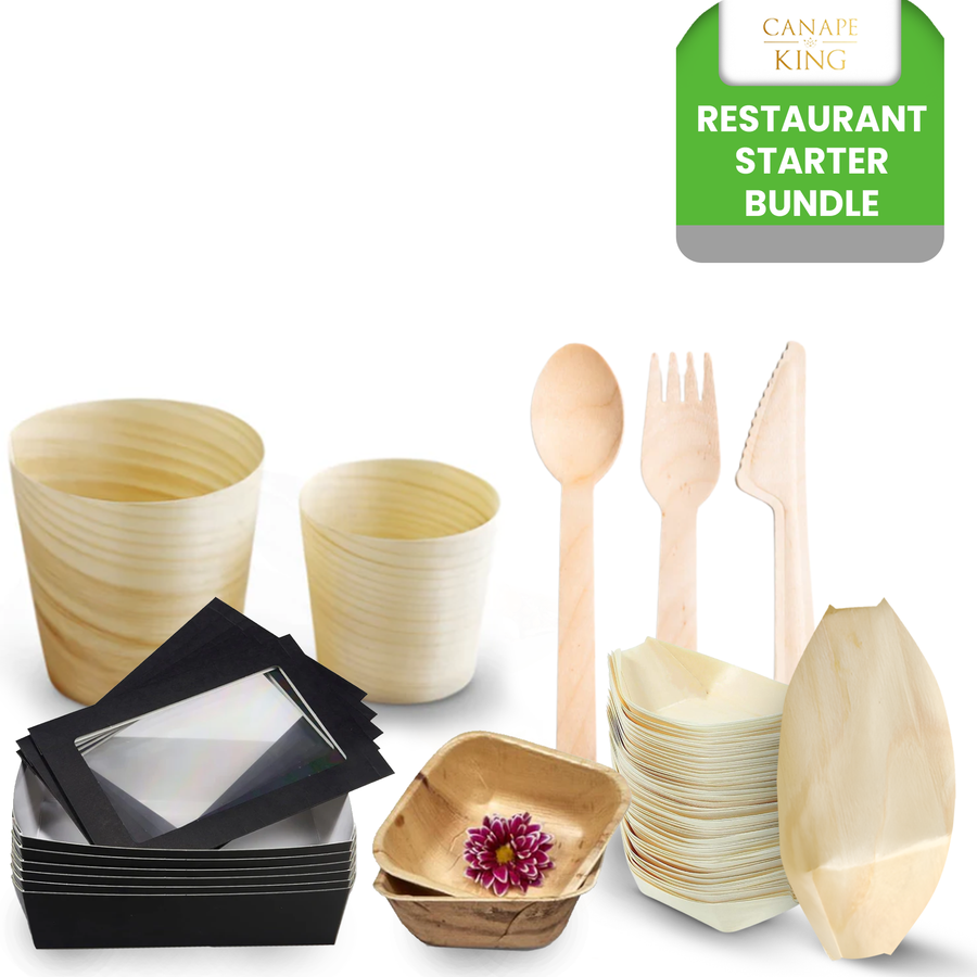 450-Piece Restaurant Starter Bundle | Palm Leaf Bowls, Wooden Cutlery, Pinewood Cups & Serving Boats Set | (100 persons) - Canape King