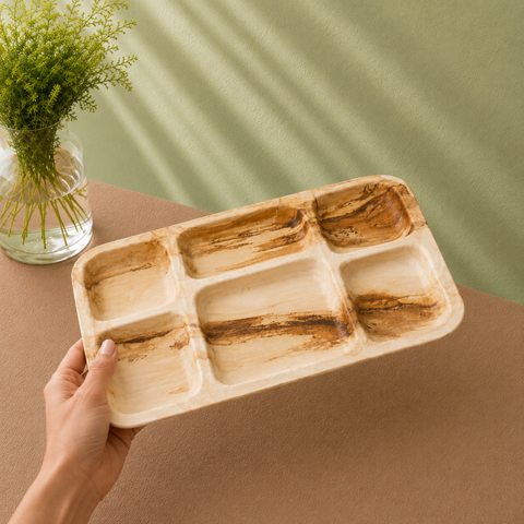 Rectangular Palm Leaf Thali Plates | Eco-Friendly Indian-Style Compartment Plates | Premium Dining - Canape King