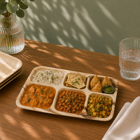 Rectangular Palm Leaf Thali Plates | Eco-Friendly Indian-Style Compartment Plates | Premium Dining - Canape King
