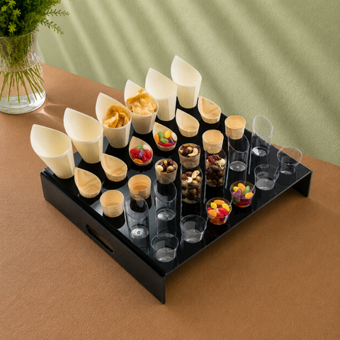30-Hole Black/Clear Perspex Cone Stand 42x37x8cm | Professional Canapé Display | Luxury Service Tray - Canape King