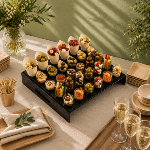 30-Hole Black/Clear Perspex Cone Stand 42x37x8cm | Professional Canapé Display | Luxury Service Tray - Canape King