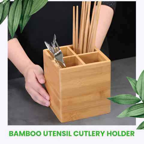 Bamboo Cutlery Box 15cm | Square Wooden Cutlery Holder