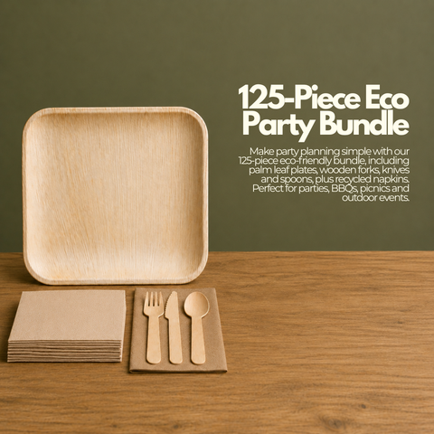 125-Piece Eco Party Bundle | Palm Leaf Plates, Cutlery & Napkins Set | Complete Party Pack