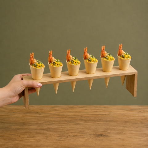 Long Wooden 6-Hole Cone Stand | Premium Food Display | Professional Serving Stand