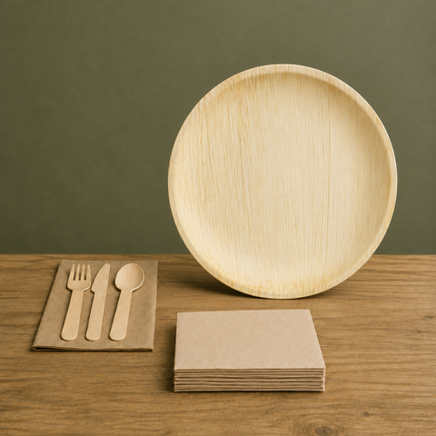 125-Piece Eco Pack | Round Palm Leaf Party Bundle | 25cm Plates, Cutlery & Napkins Set