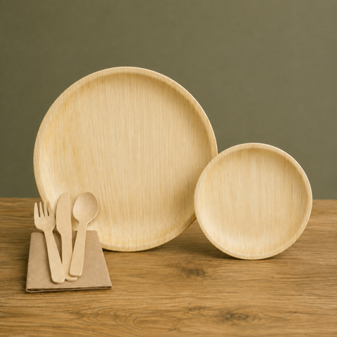 150-Piece Eco Pack | Round Palm Leaf Party Bundle | 25cm Plates, Cutlery & Napkins Set