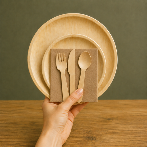 150-Piece Eco Pack | Round Palm Leaf Party Bundle | 25cm Plates, Cutlery & Napkins Set