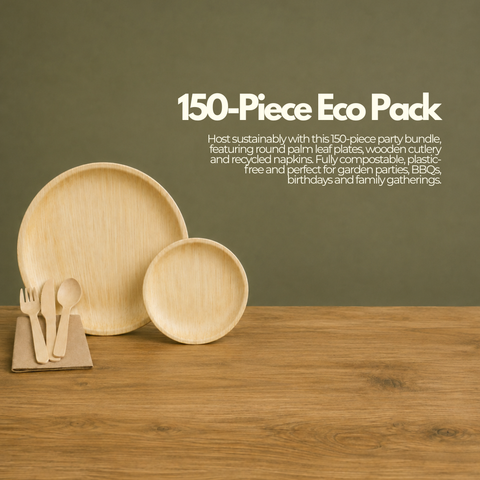 150-Piece Eco Pack | Round Palm Leaf Party Bundle | 25cm Plates, Cutlery & Napkins Set