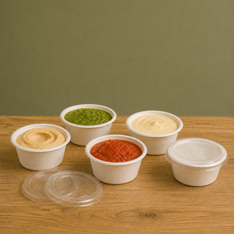 2oz/4oz White Bagasse Pots with Lids | Eco-Friendly Food Containers | Sustainable Take-Away Pots