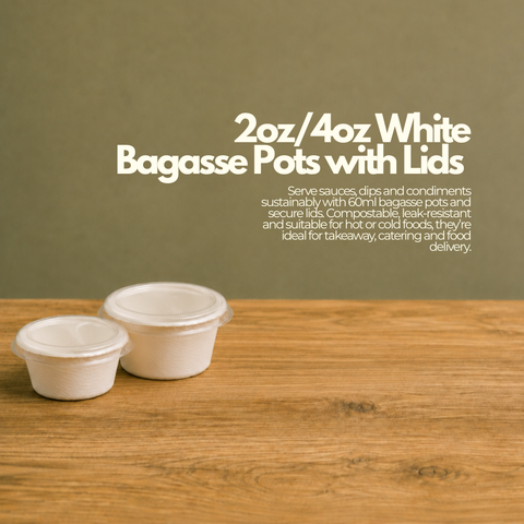 2oz/4oz White Bagasse Pots with Lids | Eco-Friendly Food Containers | Sustainable Take-Away Pots