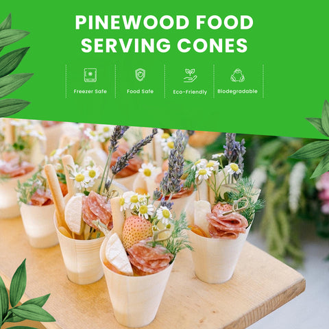 Eco-Friendly Natural Pinewood Serving Cones | 4 Sizes | Food Presentation