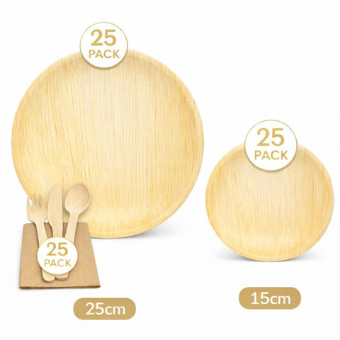 150-Piece Eco Pack | Round Palm Leaf Party Bundle | 25cm Plates, Cutlery & Napkins Set