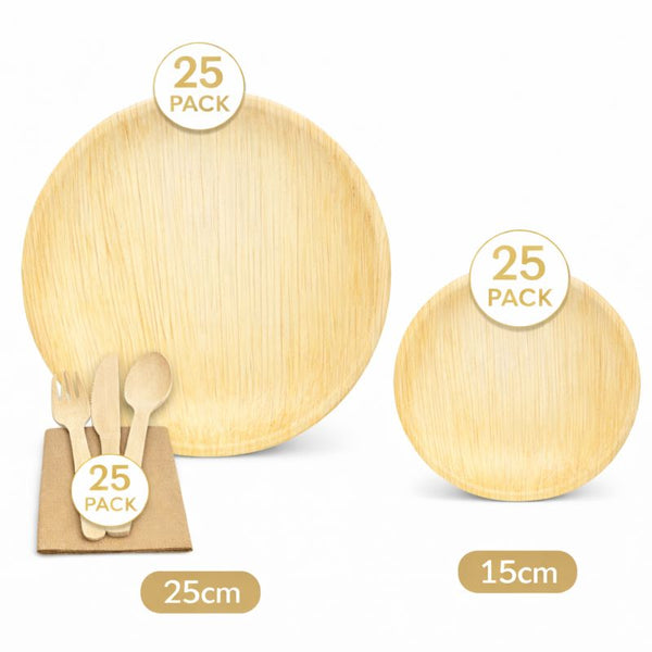 150-Piece Eco Pack | Round Palm Leaf Party Bundle | 25cm Plates, Cutlery & Napkins Set - Canape King