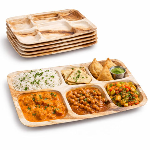 Rectangular Palm Leaf Thali Plates | Eco-Friendly Indian-Style Compartment Plates | Premium Dining