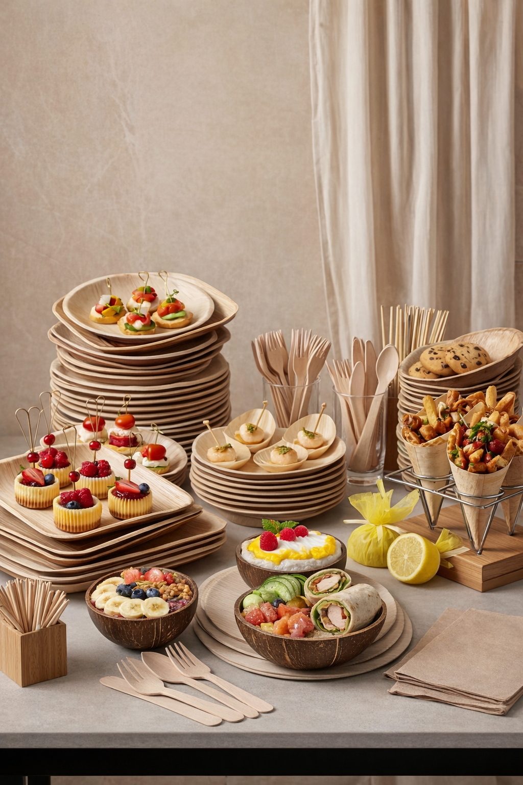 A catering table of palm leaf plates, canapés, cones and cutlery