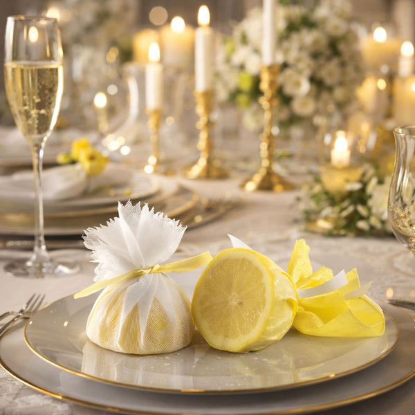 Muslin White/Yellow Lemon Covers with Ribbons | Professional Food Service Covers | 100-Piece Set - Canape King