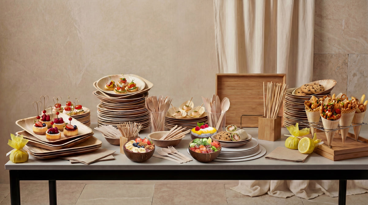 A buffet table set with palm leaf plates, bowls and wooden cutlery