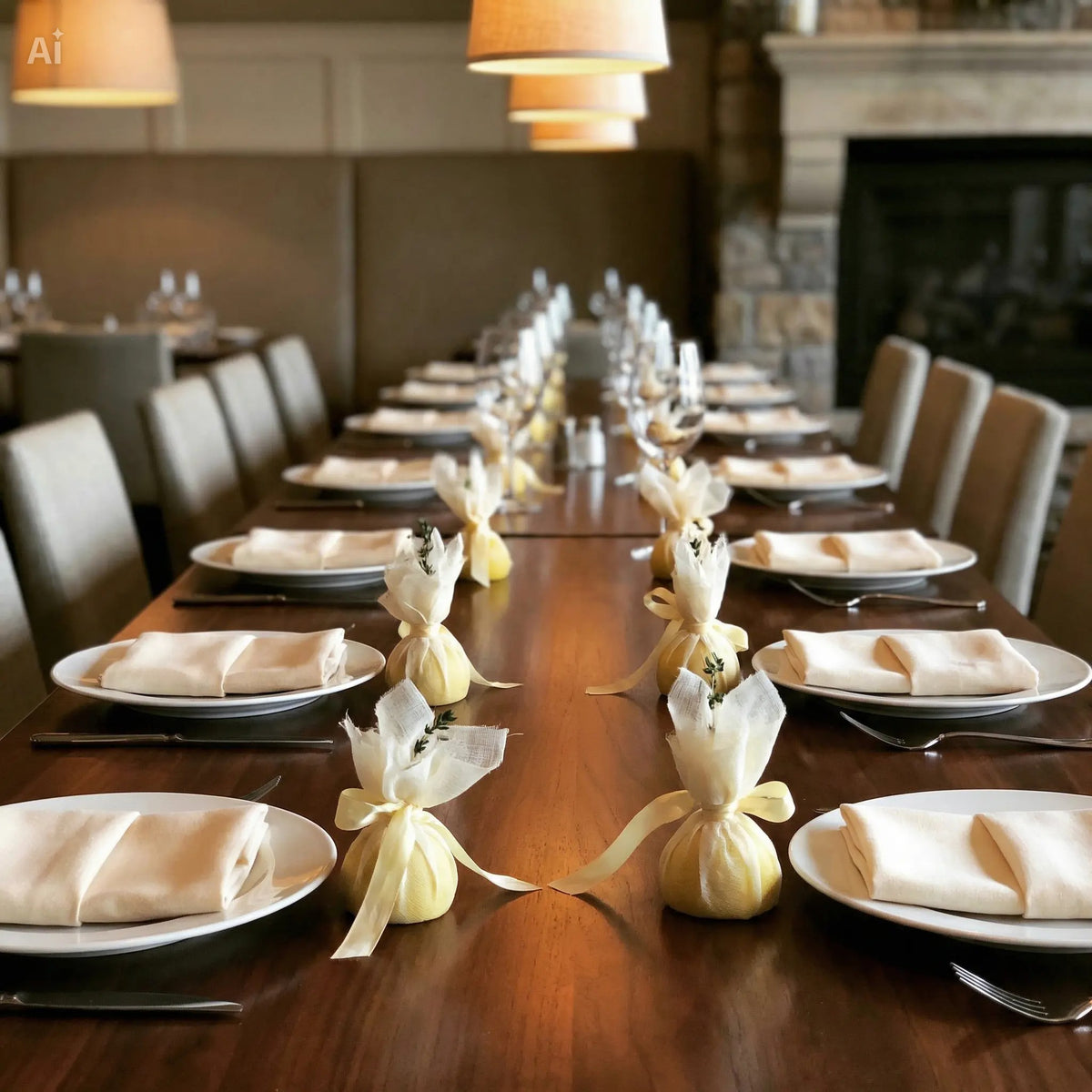 A long banquet table laid with muslin lemon covers