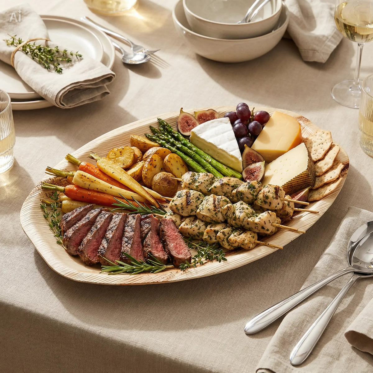 A palm leaf grazing platter of steak, skewers, vegetables and cheese
