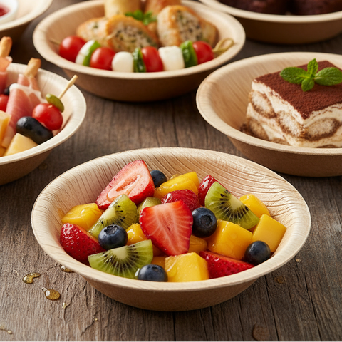 Wooden bowls with various food items on a wooden surface, including fruit salad and desserts.