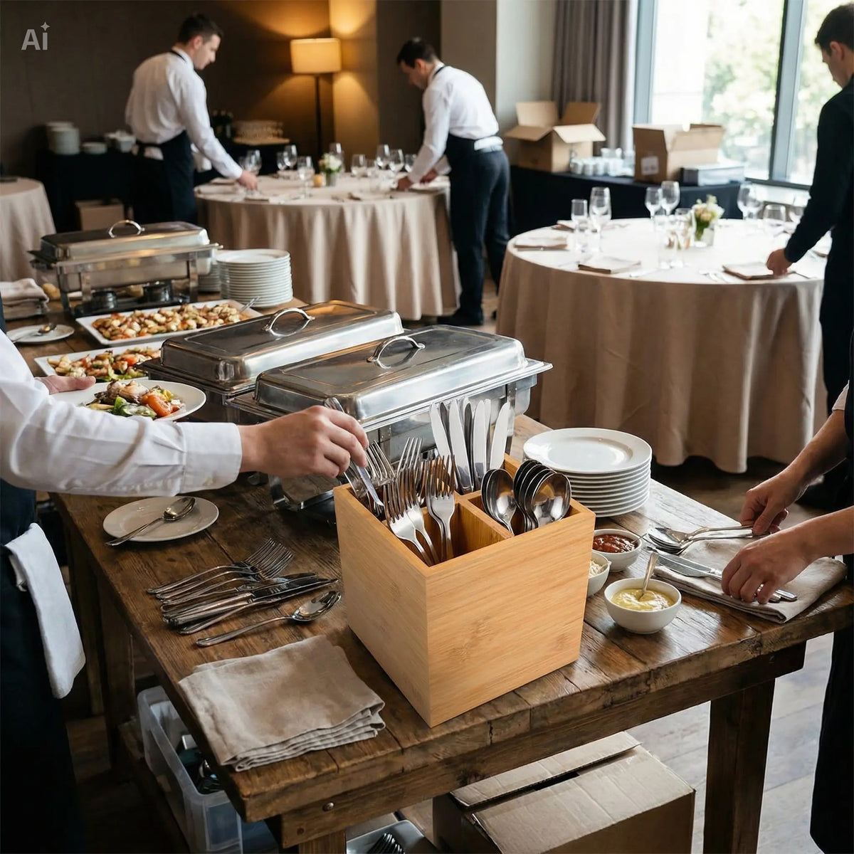 A hotel buffet service with a bamboo cutlery box