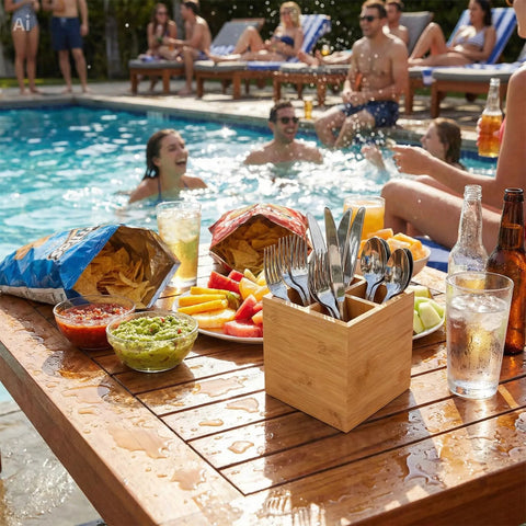 15cm Square Bamboo Cutlery Box | Eco-Friendly Cutlery Holder | Sustainable Service Box - Canape King