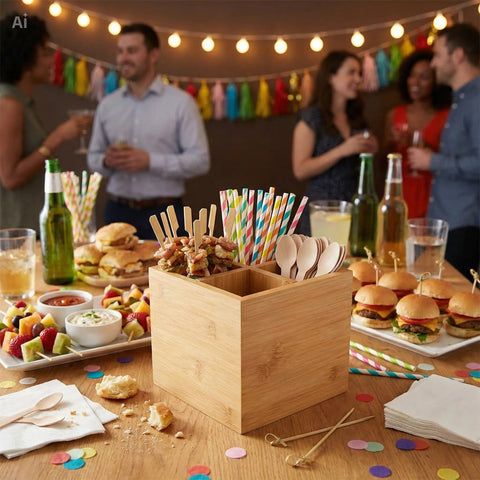 15cm Square Bamboo Cutlery Box | Eco-Friendly Cutlery Holder | Sustainable Service Box - Canape King