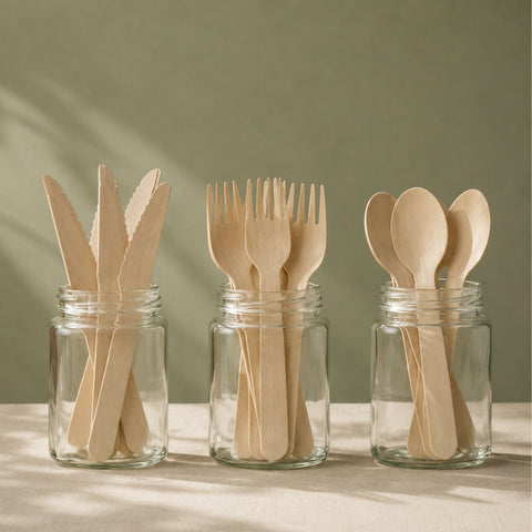 Set of wooden cutlery including knives, forks, and spoons in clear jars on a neutral background.