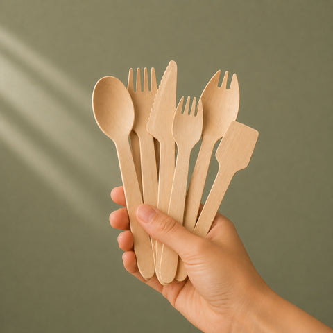 Hand holding a set of wooden cutlery against a green background