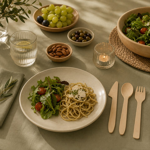 Dining table setting with pasta, salad, and wooden cutlery on a green tablecloth.