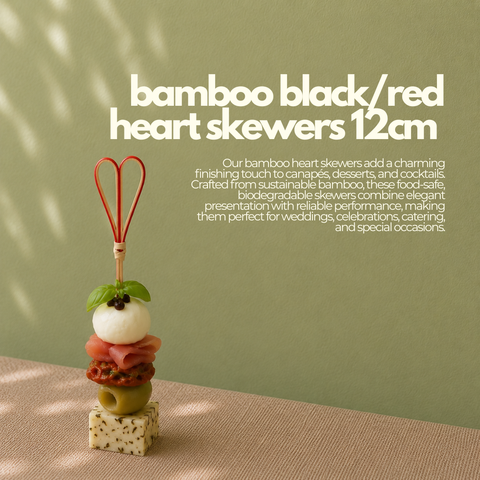 Bamboo Black/Red Heart Skewers 12cm | Decorative Food Picks | Romantic Party Skewers