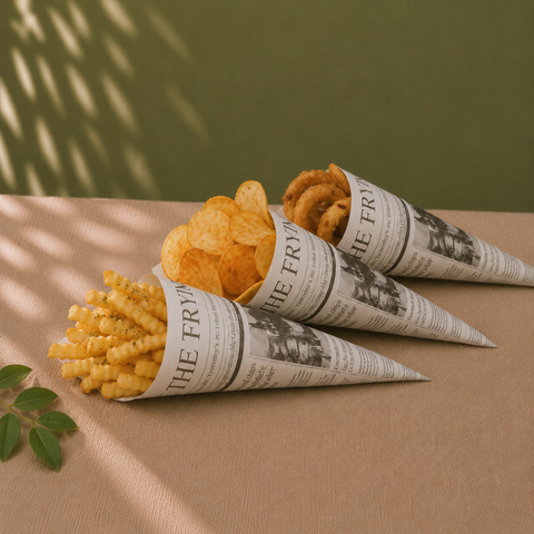 Eco-Friendly Newspaper Printed Paper Cones | Food Service Presentation | 3 Sizes - Canape King