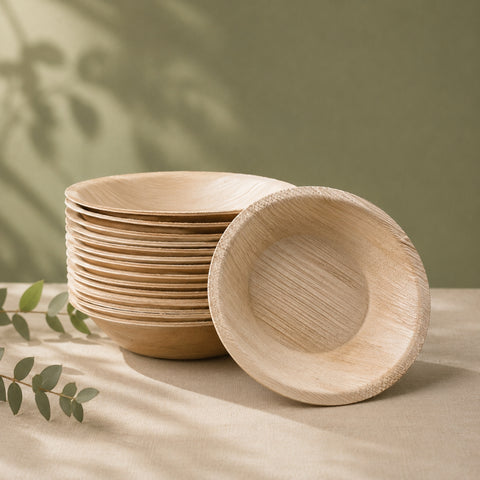 Stack of wooden bowls on a neutral background with greenery