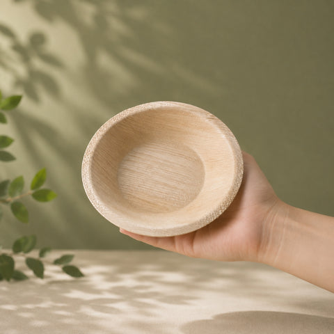 Hand holding a small wooden bowl against a natural background with greenery.