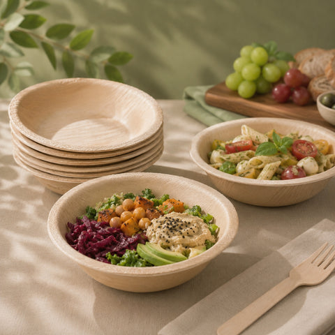 Bamboo bowls with salad and pasta on a table with grapes and bread.