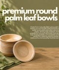 Stack of premium round palm leaf bowls on a wooden surface with greenery, against a green background.