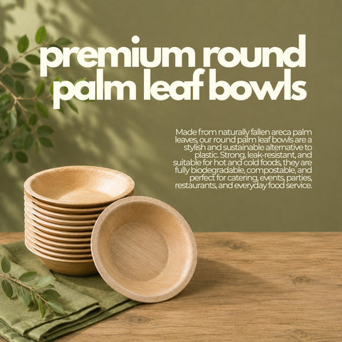 Stack of premium round palm leaf bowls on a wooden surface with greenery, against a green background.
