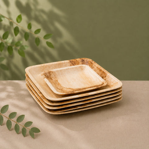 Stack of square wooden plates on a neutral surface with greenery in the background