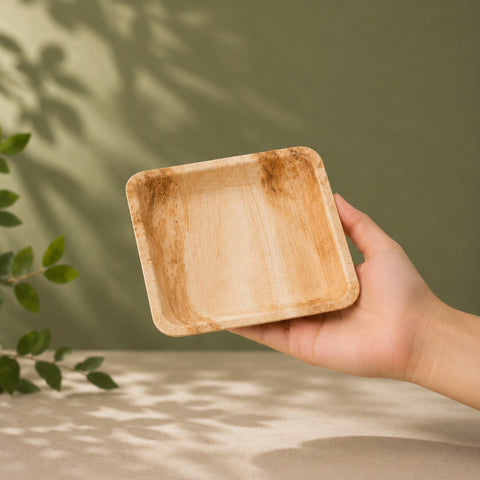Hand holding a wooden square plate against a green background with leaves.