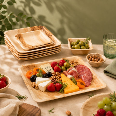 Plated charcuterie board with fruits, cheese, and meats on a table with natural light.