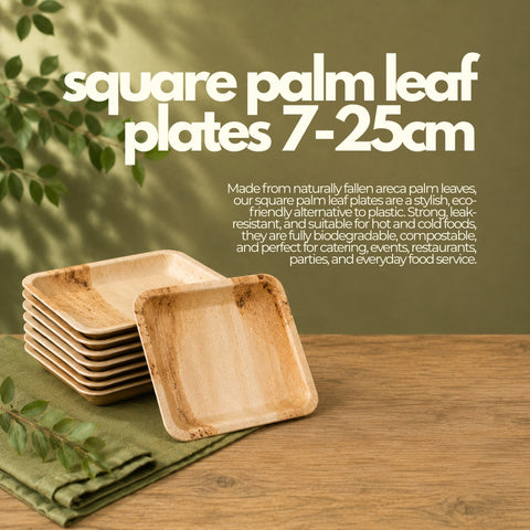 Square palm leaf plates on a wooden table with greenery, text describing the product.