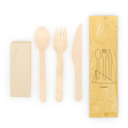 Knife, Fork, Spoon Wooden Cutlery Set With Small Napkin
